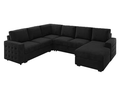 HONBAY Sectional Sleeper Sofa with Pull Out Bed U-Shape Sectional Couch with Storage Chaise 6 Seater Sleeper Sectional Sofa Bed, Velvet Black - Image 9