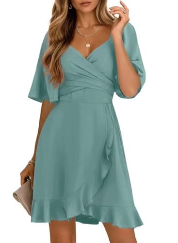 Dokotoo Womens Summer Wrap V Neck Short Flared Sleeve Smocked Elastic Waist Tiered Belted Ruffle Hem Mini Dress Graduation Dress Skobeloff M - Image 1
