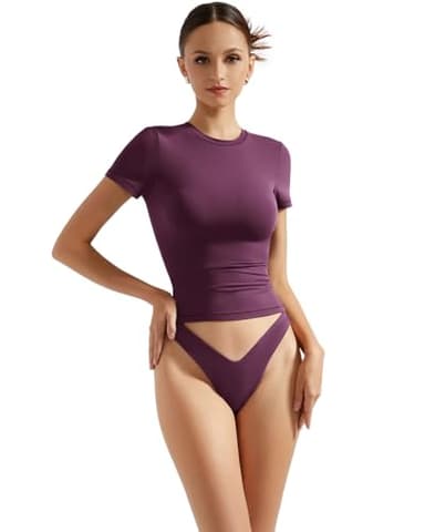 SUUKSESS Women Double Lined Fitted Basic Tee Shirts Crew Neck Short Sleeve Y2K Going Out Crop Tops (Plum, M) - Image 2
