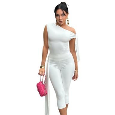 Elainone Capri Sets Women 2 Piece Outfits Sexy One Shoulder Sleeveless Crop Tops Bodycon Pant Sets - Image 1