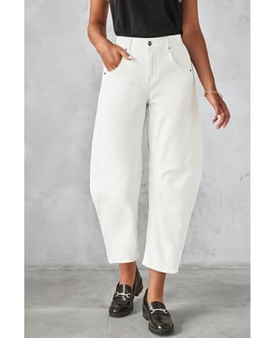 GRAPENT Women's High Waisted Crop Jeans - Barrel Leg Casual Summer Pant Size 4-6 Cream White - Image 3