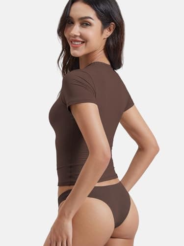 YEOREO Women Fitted Workout Tops Short Sleeve Double Lined Basic Y2K Going Out Crew Neck Compression Crop Top Coffee M - Image 4