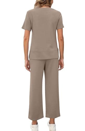 OFEEFAN Womens Plus Size Lounge Set Casual Summer Two Piece Cruise Outfits Spring Short Sleeve Tracksuit Wide Leg Airport Loungewear Travel Clothing Women's Beach Vacation Clothes Khaki 3XL - Image 6