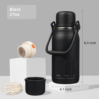 Insulated Water Bottle with Handle and Strap,Vacuum Travel Tumbler with Cup Lid,Thermo Coffee Cup for Hot Cold Drinks 27 OZ,Black - Image 2