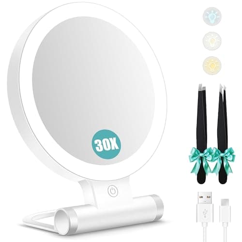 B Beauty Planet Magnifying Mirror with Light 30X, Double-Sided 1X/ 30X Magnifying Makeup Mirror with Tweezer, 2000mAh 3 Colour Modes with Adjustable Brightness,Foldable Travel Mirror(9" L x 7" W) - Image 1