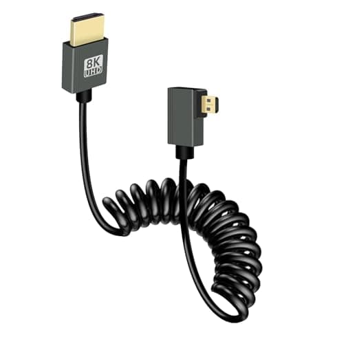 GELRHONR Coiled Micro HDMI to HDMI Cable 8k, Short Micro HDMI Cable Male to Male Spring Flexible Slim Cord 48Gbps High Speed Support 3D 8K@60Hz, for Camera Video Capture Card,TV (Left Angle) - Image 1