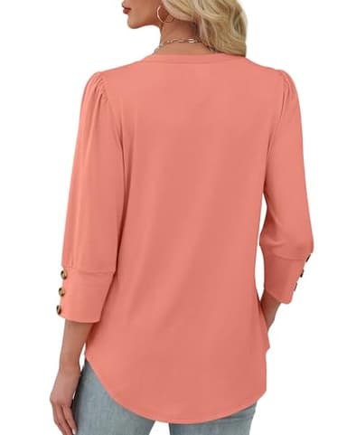 XIEERDUO Womens Blouses 3/4 Length Sleeve Summer Tops V Neck Shirts Casual Business Work Blouses Shirts Fall Fashion Outfits Clothes 2025 A-Coral M - Image 5