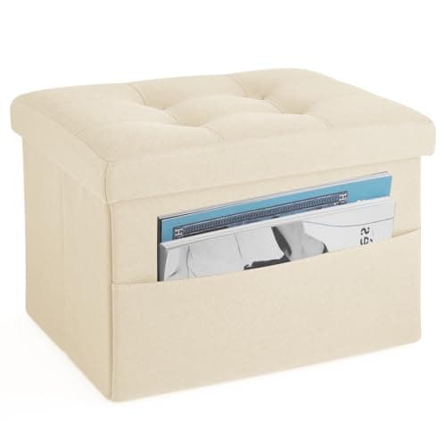 LINMAGCO Storage Ottoman Folding Foot Stool Foot Rest with Side Pocket Modern Ottoman with Storage Short Sofa Stool Linen Cloth 17x13x13(Beige) - Image 1