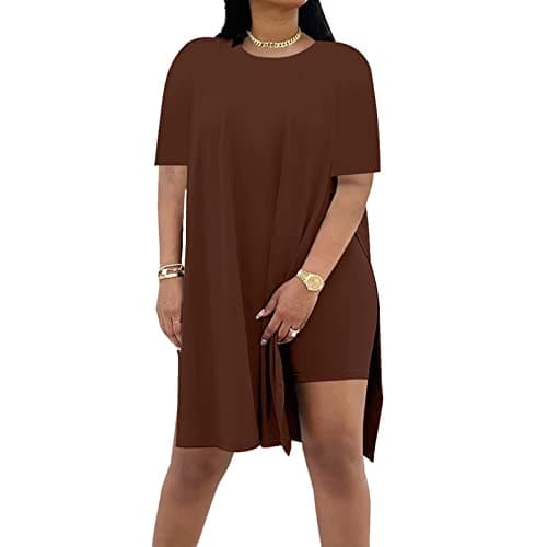 AXOSY Women Plus Size 2 Piece Outfits Short Sleeve Tunic Tops and Skinny Biker Shorts Sets Tracksuits Coffee,X-Large - Image 1