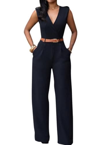 Pink Queen Women's Elegant V Neck Long Loose Belted Rompers Jumpsuits Black X-Large - Image 1