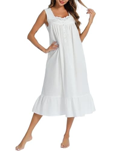 AVIIER 100% Cotton Nightgowns for Women Sleeveless Sleep Dress Ladies Gowns Sleepwear with Pockets (White, Medium) - Image 1