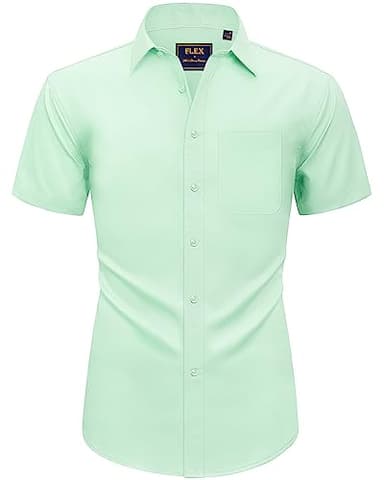 Alimens & Gentle Mens Short Sleeve Dress Shirts Wrinkle Free Solid Casual Button Down Shirts with Pocket, Light Green, Large - Image 1