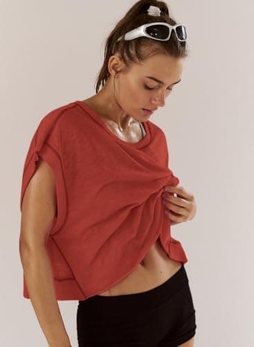 Kumufenc Womens Oversized Tshirts Open Back Batwing Sleeve Gym Shirts Boat Neck Slouchy Tees Workout Athletic Top(Red,L) - Image 4