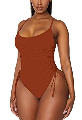 Viottiset Women's Drawstring One Piece Swimsuit Tummy Control Ruched Cheeky Bathing Suit Burnt Orange Large - Image 1