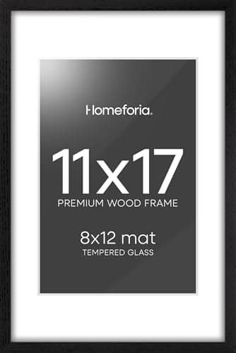 Homeforia 11x17 Picture Frame Black Wood, High End Oak 11x17 Poster Frames with Mat 8x12, 11 x 17 Wooden Frame Matted to 8 x 12 inch Photo, 17x11 Thin Hanging Frame, Tempered Glass, Wall Kit, Set of 1 - Image 1