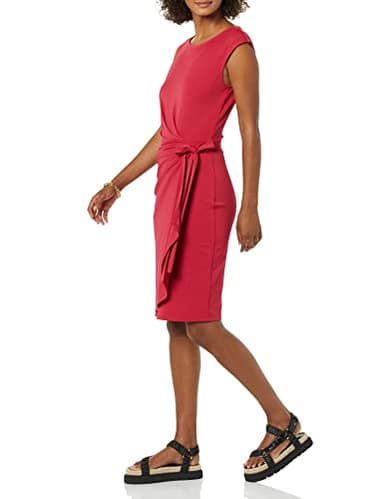 Amazon Essentials Women's Cap Sleeve Boat-Neck Faux Wrap Dress, Raspberry Red, Small - Image 3
