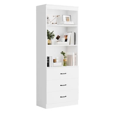 oneinmil 70" H 6-Tier Bookshelf with 3 Drawers, White Bookcase with 3-Tier Open Shelves, Tall Book Shelf with Storage Space, Wooden Storage Cabinet for Living Room, Bedroom, Office (White, 6-Tier) - Image 7