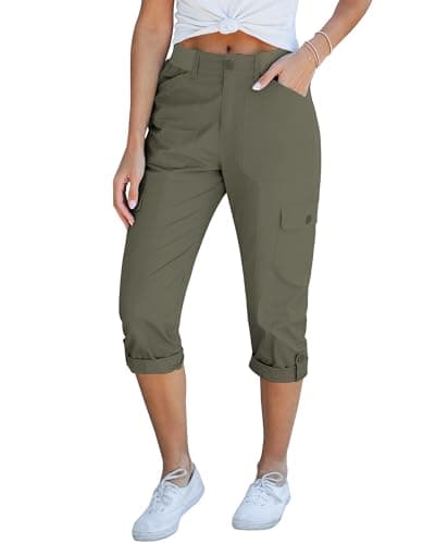 GRAPENT Women's Cropped Capris Summer Cargo Pants - Grey Army Green Medium Size 8-10 - Image 1
