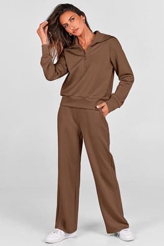 PRETTYGARDEN Womens 2 Piece Outfits Half Zip Sweatshirts And Palazza Pants Casual Fall Sweatsuits Sets (Brown,Small) - Image 4