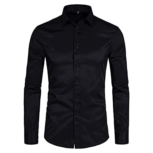 DELCARINO Men's Long Sleeve Button Up Shirts Solid Slim Fit Casual Business Formal Dress Shirt Black Medium - Image 1