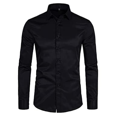 DELCARINO Men's Long Sleeve Button Up Shirts Solid Slim Fit Casual Business Formal Dress Shirt Black Medium - Image 1