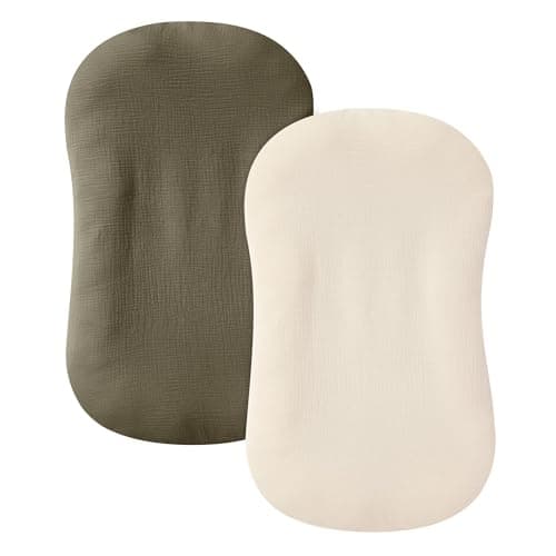 guruixu Muslin Baby Lounger Cover 2 Pack, 100% Cotton Infant Lounger Cover, Soft & Breathable Replacement Slipcover, Compatible with Snuggle Me Newborn Lounger (Dark Olive,Cream) - Image 1