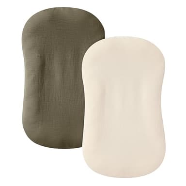 guruixu Muslin Baby Lounger Cover 2 Pack, 100% Cotton Infant Lounger Cover, Soft & Breathable Replacement Slipcover, Compatible with Snuggle Me Newborn Lounger (Dark Olive,Cream) - Image 1