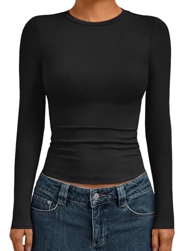 AUTOMET Womens Long Sleeve T-Shirts Trendy Basic Fitted Compression Going Out Crop Tops Fall Fashion Y2K Clothes 2025 Outfits Black S - Image 1