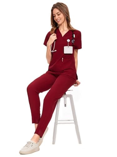 COZYFIT Medical Scrubs for Women Set - Curved V-Neck Scrub Top & Jogger Pants with 8 Pockets - Burgundy, M - Image 6