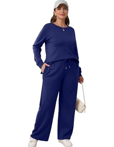 XIEERDUO Women Two Piece Outfits 2 PC Lounge Sets Fall Long Sleeve Travel Tracksuit Winter Track Suit Airport Loungewear Vacation Sweatsuit Wide Leg Sweatpants Matching Set Navy L - Image 4