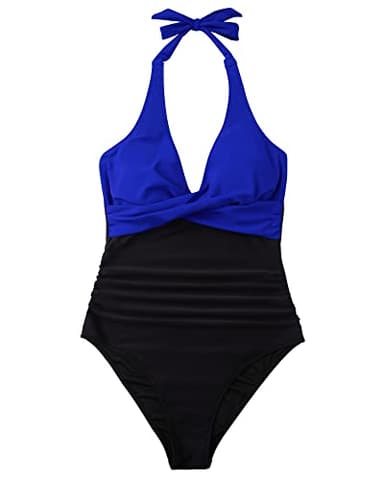 SUUKSESS Women Sexy Tummy Control One Piece Swimsuits Halter Push Up Monokini Bathing Suits (Royal Blue Black, L) - Image 4
