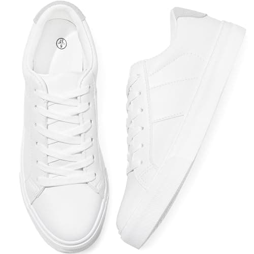 Adokoo Women's Fashion Sneakers PU Leather Casual Shoes White Tennis Low Top Shoes Womens Lace Up Sneakers(White,US9) - Image 1