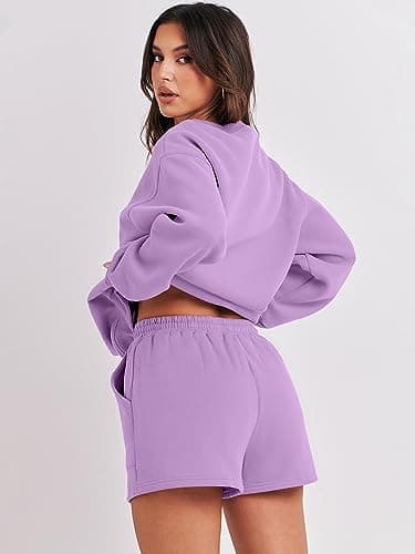 ANRABESS Women 2 Piece Outfits Sweat Shorts Sets 2025 Oversized Casual Lounge Matching Set Sweatsuit Tracksuit Fall Clothes Purple X-Large - Image 3