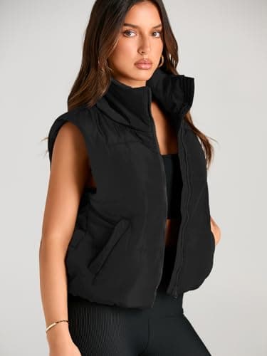 AUTOMET Puffer Vest Women Sleeveless Winter Cropped Outerwear Warm Puffy Lightweight Stand-up Collar Down with Pockets Black L - Image 5
