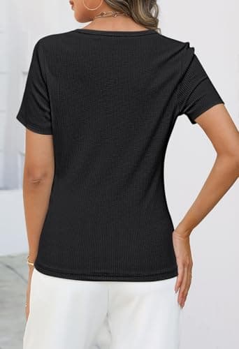 MEROKEETY Women's Summer Short Sleeve V Neck T Shirts Casual Ribbed Button Henley Knit Tops Blouse, Black, L - Image 2