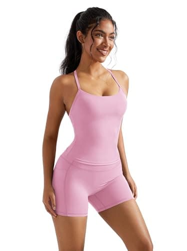 OMKAGI 2 Piece Workout Sets for Women Padded Sports Bra Tank Booty Gym Shorts with Pockets(M,284-Light Pink) - Image 3