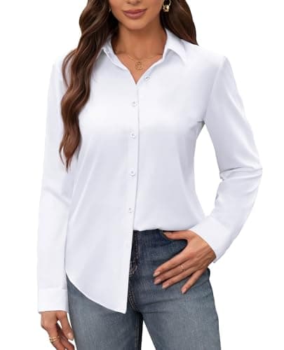 siliteelon Button Down Shirt Women White Collared Stain Shield Dress Shirts Wrinkle Free Long Sleeve Business Button Up Shirt Stretch Fitted Solid Casual Work Blouse - Image 1
