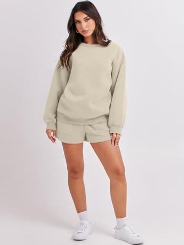 ANRABESS Women 2 Piece Outfits Sweat Shorts Sets 2025 Oversized Casual Lounge Matching Set Sweatsuit Tracksuit Fall Clothes Almond Large - Image 4