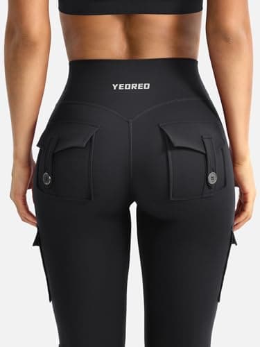 YEOREO CoreFlex Women Workout Flare Leggings with Pockets Hidden Scrunch High Waisted Cargo Gym Yoga No Front Seam Leggings Black L - Image 3