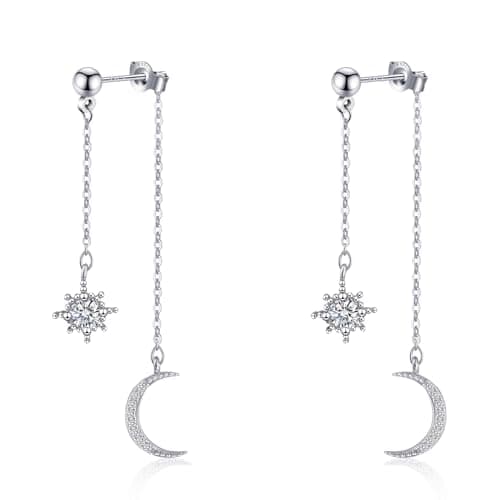 925 Sterling Silver Moon Star Earrings for Women Crescent Dangle with Cubic Zirconia Celestial Jewelry for Wedding