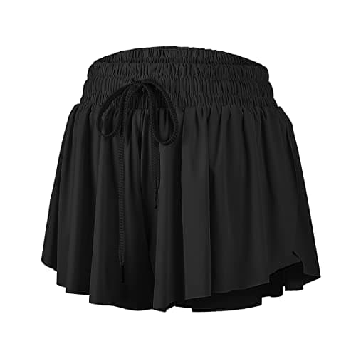 Flowy Athletic Shorts for Women Gym Yoga Workout Running Sweat Short Pants Spandex Butterfly Tennis Skort Skirt with Pockets Underneath Girls Cute Comfy Trendy Clothes Casual Summer Outfits Black L - Image 1