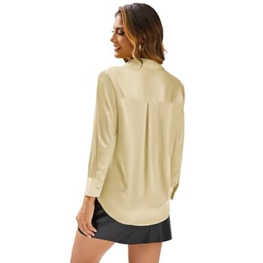 Eabel.C Women's Satin Silk V Neck Button Down Shirts Long Sleeve Casual Business Shirt Dress Blouses,Champagne,XXL - Image 2