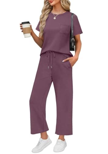 WIHOLL Beach Vacation Clothes for Women 2 Piece Travel Airport Outfits Fashion 2025 Comfy Summer Matching Sets Women Clothing Tropical Wide Leg Pants Lounge Sets Pjs Dark Purple L - Image 1