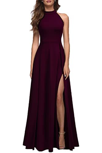 MUSHARE Women's Halter Neck Sexy Split Cocktail Party Maxi Long Formal Dress Burgundy - Image 1
