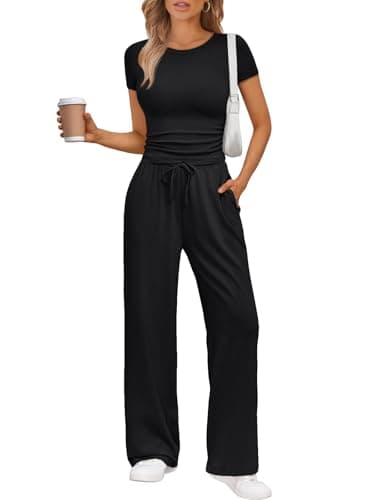 Trendy Queen Womens 2 Two Piece Set 2025 Summer Workout Beach Vacation Gym Clothes Fall Fashion Lounge Matching Sweatsuit Sweat Teacher School Wide Leg Pant Travel Outfit Fitness Athletic Clothing - Image 1