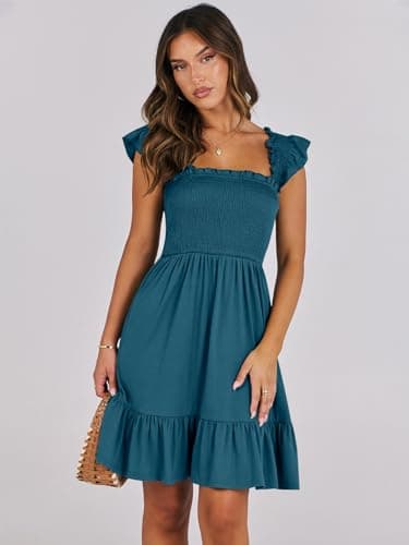 ANRABESS Women's Summer Casual Sleeveless Square Neck Dress 2025 Smocked Ruffle Backless Boho Beach Cute Teen Short Sundress Tile Blue x-Small - Image 3