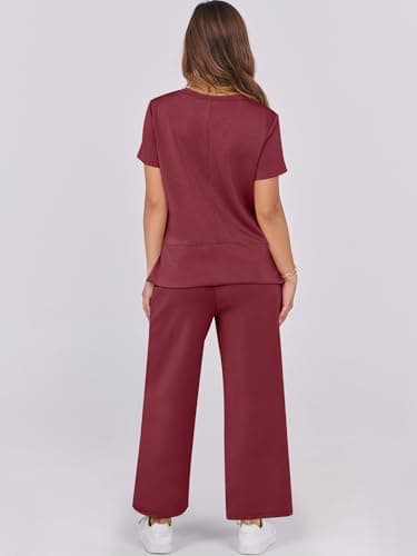 ANRABESS Women 2 Piece Lounge Sets Summer Travel Sweat Outfits Short Sleeve Wide Leg Casual Matching Tracksuits Clothes Wine Red Large - Image 3