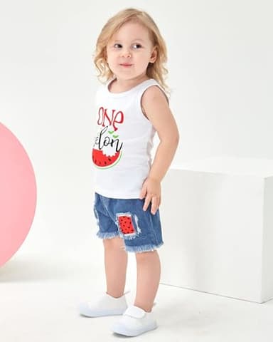 Mikrdoo Toddler Girl Summer Outfits Watermelon Tank Top + Denim Shorts 2T Infant Girl Clothes (18-24 Months, White) - Image 3