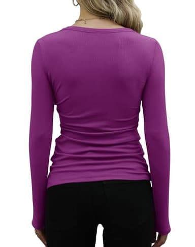 GEMBERA Womens Ribbed Long Sleeve Crewneck Casual Slim Basic Shirts Fitted Knit Tops(3922,Purple-XL) - Image 2