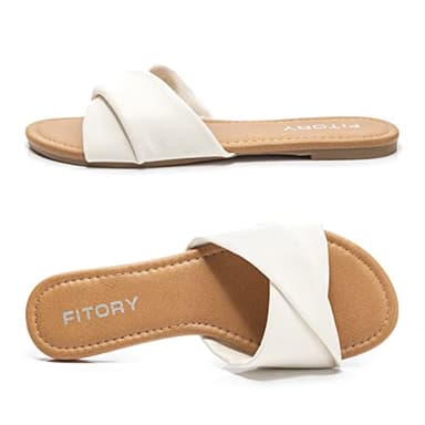 FITORY Women's Flat Sandals Fashion Slides With Soft Leather Slippers for Summer White Size 8 - Image 3